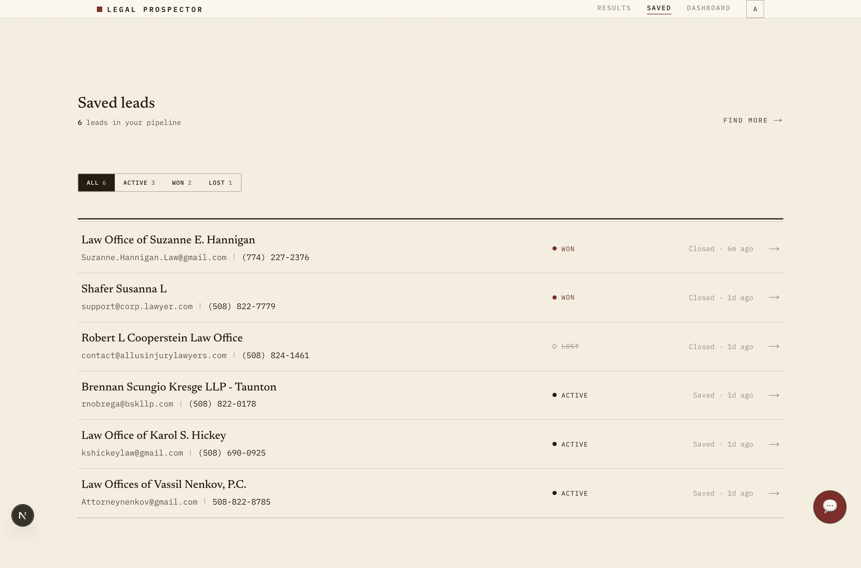 Legal Prospector saved leads pipeline mockup